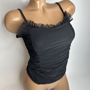 Stenia Sport Y2K Black Mesh Ruched Tank Top XS Ruffle Trim Coquette Whimsigoth